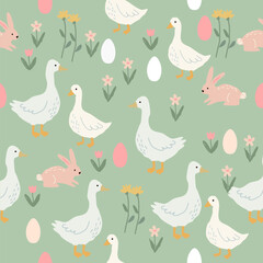 Cute easter geese and bunnies in a spring meadow with eggs © veroinesc