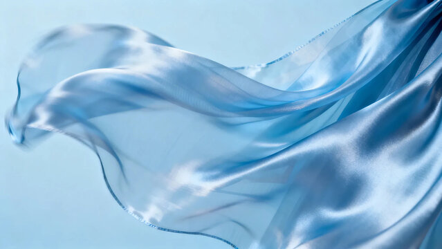A picture of a blue cloth being swept by the wind. macro. close up. Three-dimensionality. light blue background.Sheer fabric. Satin. close up
