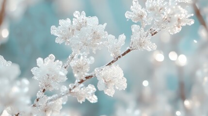 Naklejka premium Delicate frost-covered branch against soft-focus background with glimmering bokeh highlights