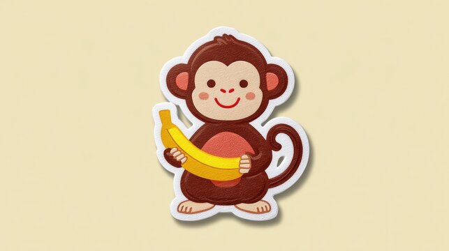 Sticker, die-cut sticker with a white border around the edges of the illustration, a cute monkey holding a banana in its hand