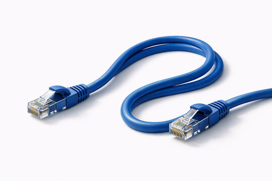 Blue Cat6 Ethernet Patch Cable with RJ45 Connectors Isolated on White Background
