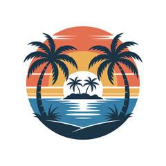 Fototapeta premium Palm tree icon with sunset and ocean view in a circular illustration