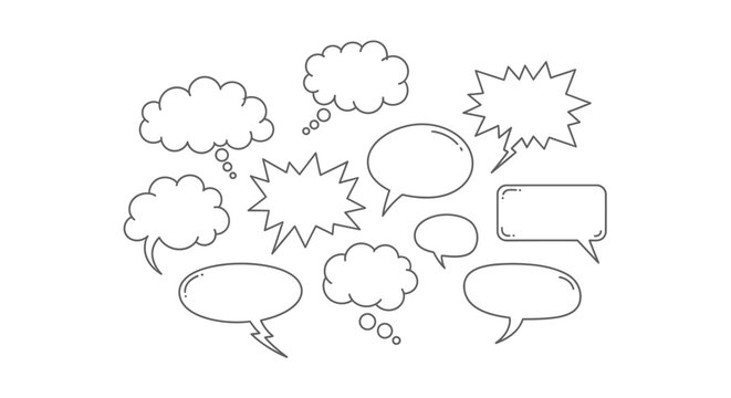 Collection of Hand-Drawn Speech Bubbles and Thought Clouds on White Background