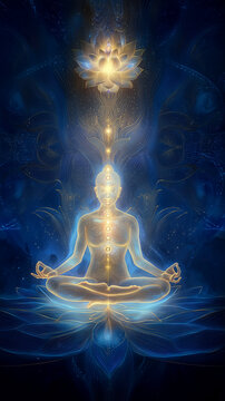 Meditating yogi with glowing chakras and luminous energy channels