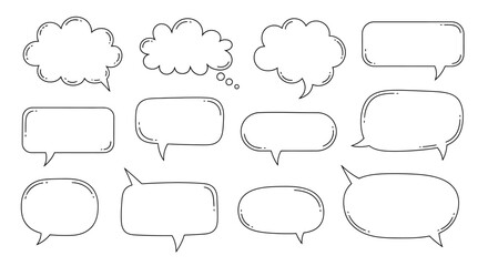 Fototapeta premium Hand-drawn speech bubbles and thought clouds, diverse shapes and styles, isolated on white background.