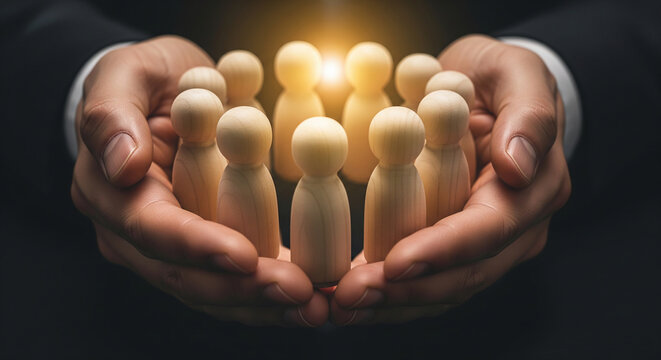 Businessman hands protecting glowing wooden figures perfect for human resource management and safe employee insurance