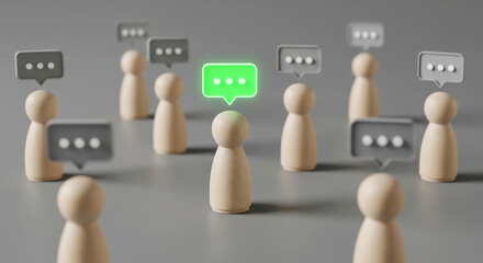 Obraz premium Wooden figures with speech bubbles and glowing green one perfect for business communication and clear team feedback