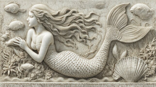 Intricate relief sculpture of a mermaid with oceanic elements and fish