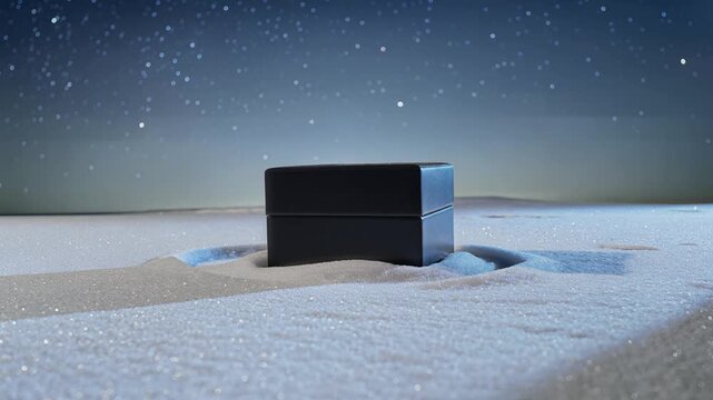A sleek metallic box sits partially buried in the sandy desert under a starry night sky with a distant horizon.