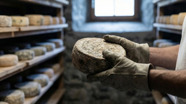 Cheesemaker's gloved hands holding a round of artisanal cheese, inspecting its rind for quality and ripeness, with many other cheese wheels aging gracefully on wooden shelves in a dark stone cellar