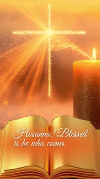 Hosanna! Blessed is he who comes in the name of the Lord; palm sunday biblical quote on animated card perfect for social media post