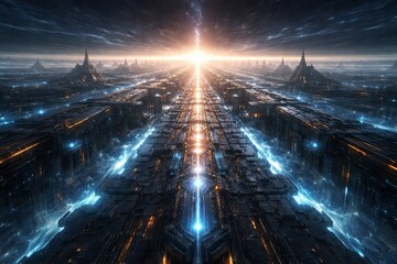 Fototapeta premium Futuristic sci-fi cityscape at sunset with endless skyscrapers and neon lights. concept of advanced technology, urban exploration, future metropolis