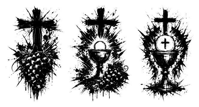 Holy communion symbols including chalice and grapes in dark ink splash style