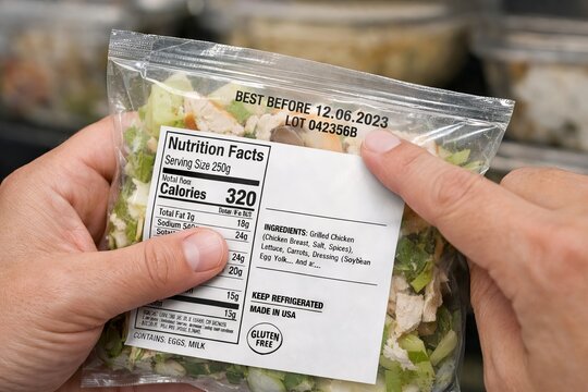 Close-up of hands inspecting food packaging with nutrition facts label and best before date in grocery store. concept of food safety, nutritional information, consumer awareness