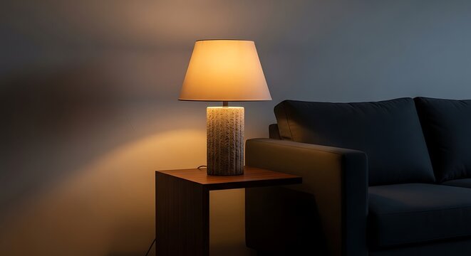 Cozy illuminated lamp on a wooden table beside a dark sofa in a dim room.