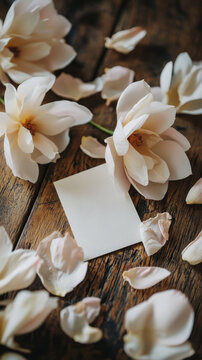 Handwritten mother's day card and magnolia flowers on rustic wood. concept of heartfelt messages, floral decor, celebrating mothers, sentimental gifts, copy space