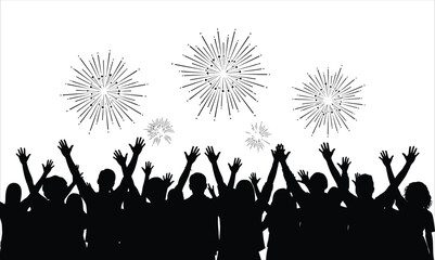 Fototapeta premium Silhouette of a crowd of people celebrating with fireworks isolated on white background