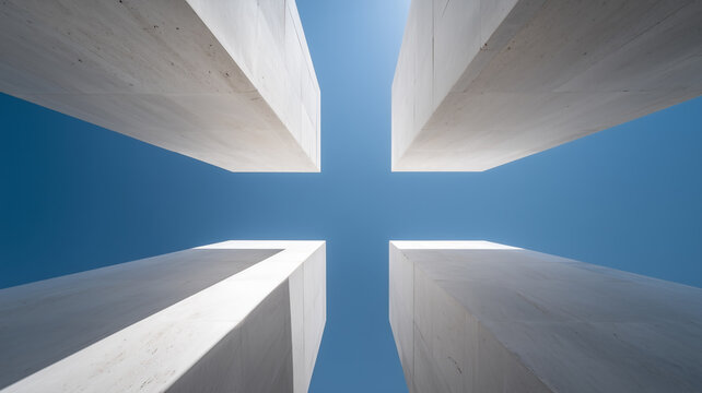 A symmetrical perspective looking straight up between four white marble or stone pillars toward a bright blue sky, highlighting clean lines and architectural height.