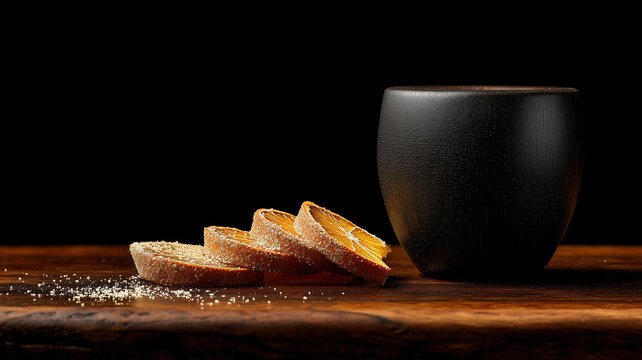 A minimalist shot of a matte black j&iacute;cara cup paired with spiced dried orange slices on a rustic wooden surface, perfect for mezcal or tequila presentation.