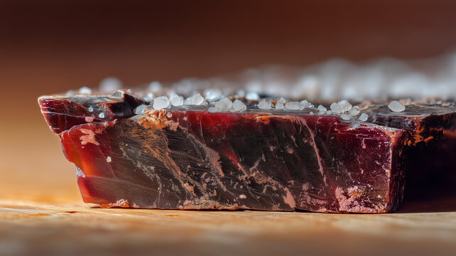 A macro shot of Suho Meso, a traditional Bosnian smoked and dried beef delicacy, showing the rich dark texture and salt crystals on a wooden surface.