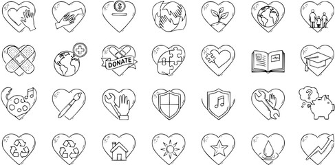 Fototapeta premium Charity and Donation Icons - Hand Drawn Doodle Hearts Collection