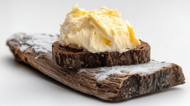 A minimalist shot of traditional Balkan kajmak, a rich clotted cream spread thickly on a slice of dark rye bread. Rustic and healthy dairy appetizer.