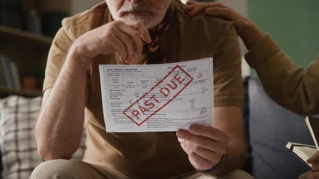 Midsection shot of stressed senior man examining past due paper bill and listening to anonymous supportive wife keeping hand on his shoulder and pointing at paper