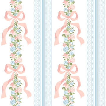 Preppy striped coquette seamless pattern. Elegant grandmillennial hydrangea flowers, ribbon bow wallpaper, retro textile design, repeat background, print, fabric. Vector vintage floral illustration.
