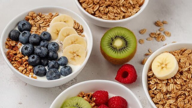 Healthy breakfast bowls with fresh fruits granola yogurt blueberries banana kiwi and raspberries