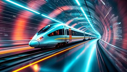 Fototapeta premium A sleek train speeds through a futuristic tunnel with vibrant neon lights.