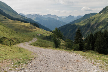 Scenic alpine landscape with winding road, green hills and mountain peaks. Perfect for travel, adventure and nature themes. © Viktoriia