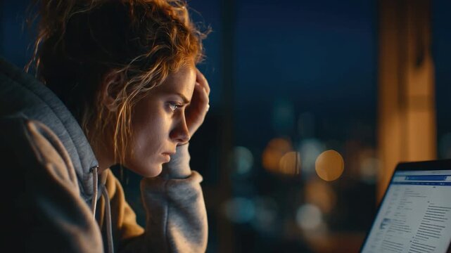Nighttime Contemplation: Focused in the low light of evening, a pensive person is absorbed in work or deep thought near a digital screen, exploring introspection and concern.