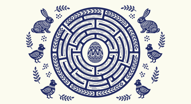Whimsical easter maze with a decorative egg at the center surrounded by charming blue and white stylized rabbits and chicks adorned with leafy branches evoking a festive
