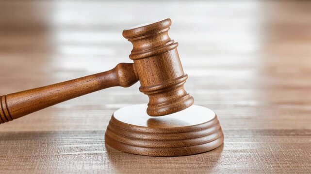 Wooden judge gavel and sound block on polished table symbolizing justice and law