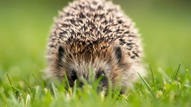 A cute hedgehog amidst fresh green grass, showcasing its natural habitat.