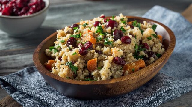 Healthy quinoa salad with dried cranberries fresh herbs and vegetables in wooden bowl on rustic table