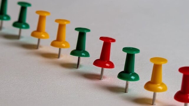 Colorful push pins arranged in a line on white surface vibrant office supplies stationary closeup