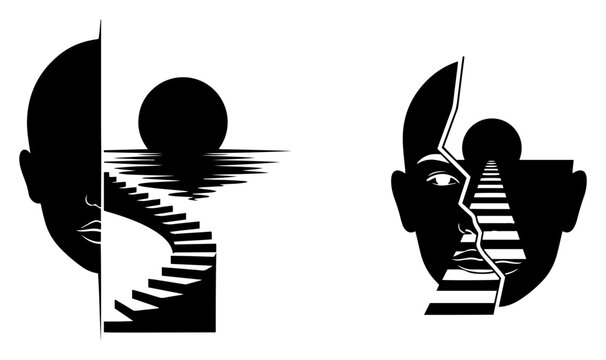 Surreal human faces with internal staircases leading toward the sun in conceptual minimalist style