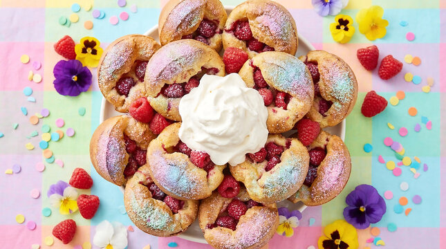 A generous portion of raspberry popovers served with whipped cream and vibrant decorations