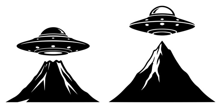 UFO flying saucers hovering above mountain peaks in minimalist silhouette style
