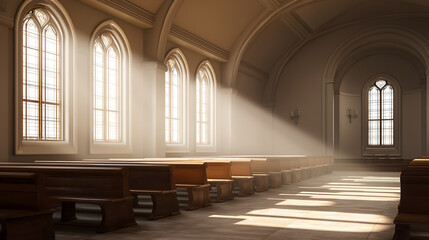 Obraz premium Sunlit Church Interior with Wooden Pews and Warm Morning Light Rays