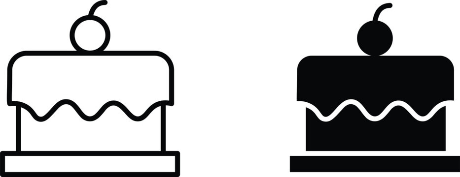 Outline and solid icon of a delicious birthday cake with a cherry on top, representing celebration and dessert.