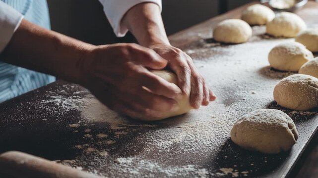 Hands kneading fresh dough on wooden surface with flour and bread rolls in rustic bakery