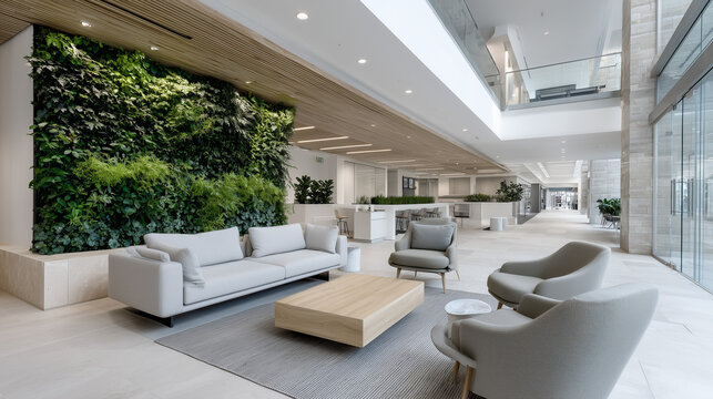 Sophisticated Office Integration of Living Walls and Natural Elements with Biophilic Design for Corporate Wellness

