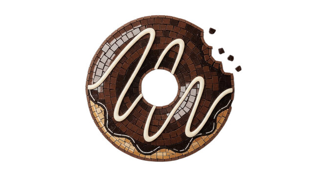 A mosaic donut with a bite taken out, featuring chocolate and glaze.