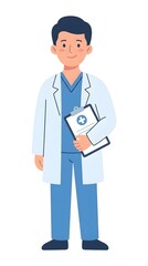 Fototapeta premium A doctor in a lab coat and scrubs holds a medical clipboard
