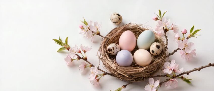 Top view of bird nest filled with pastel Easter eggs and quail eggs, surrounded by blooming spring branches on white background, creating festive seasonal composition