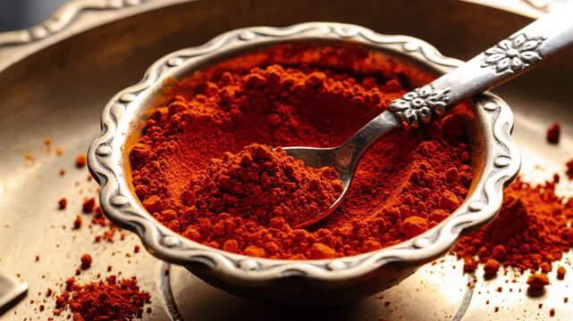 A Detailed Close Up Of Vibrant Red Spice Powder Piled High In An Ornate Metal Bowl With A Spoon Nestled Within On A Textured Brass Plate Soft Lighting Creates A Warm Inviting Atmosphere Highlighting