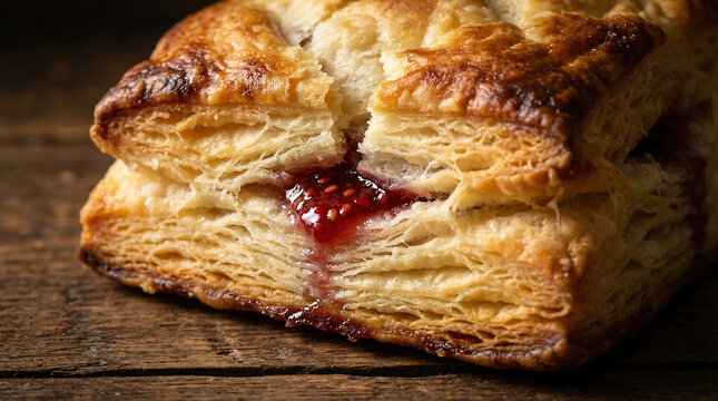 Golden flaky raspberry popover crust with rich berry filling, a close-up texture view on rustic wood