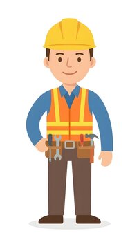 A smiling cartoon construction worker wearing a yellow hardhat orange safety vest and toolbelt filled with tools depicted on a white background